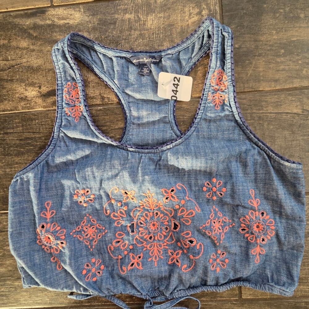 #442 American Eagle Outfitters Blue and Coral Embroidered Crop Top
